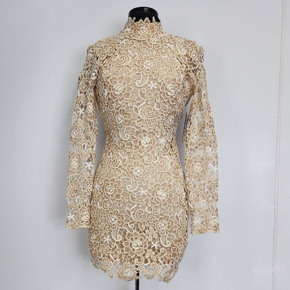 Venus  Ivory Gold Lace Open Back Long Sleeve Mini Dress  [size 4] [NewWithTags]